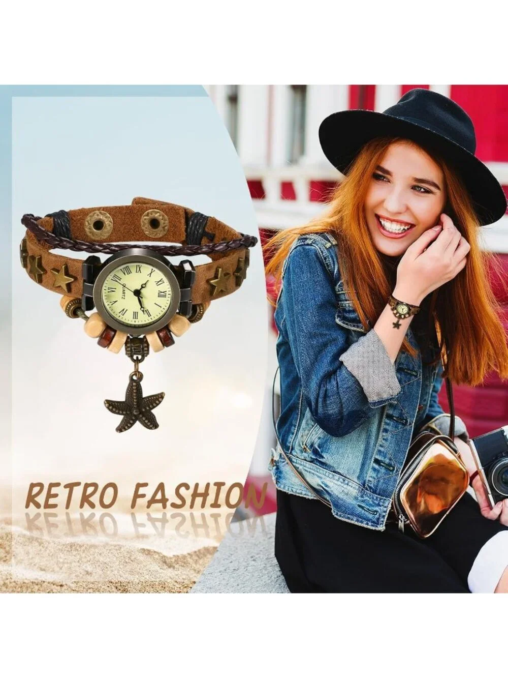 Women's Brown Analog Quartz Star Bracelet Weave Wrap Around Leather Wrist Watch